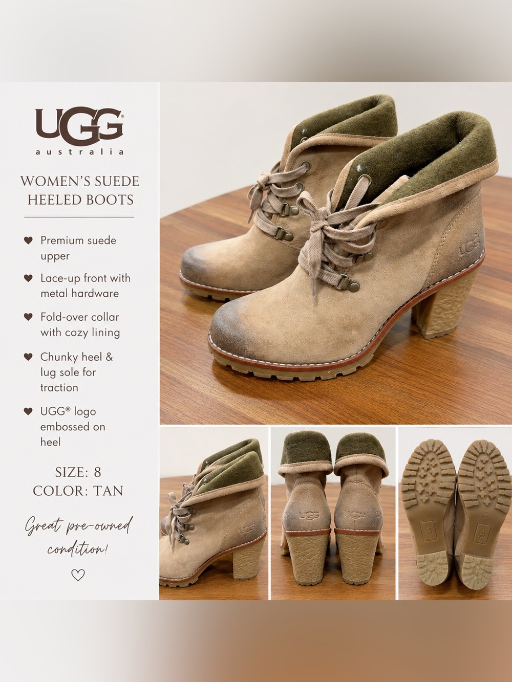 UGG Tan Suede Lace-Up Ankle Boots with Olive Collar